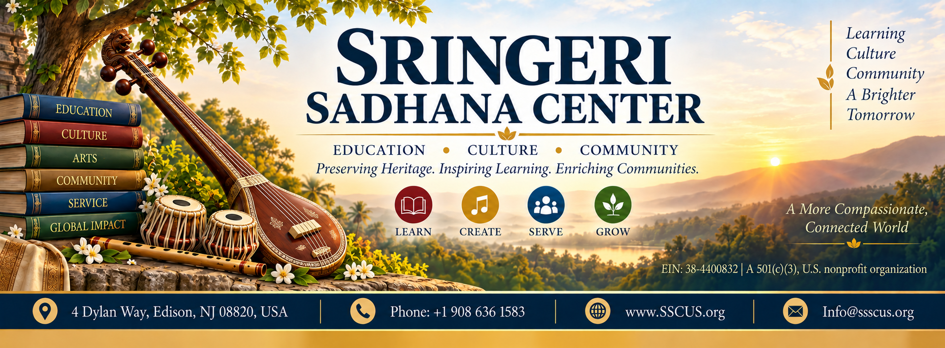 Sringeri Sadhana Center banner showing education, culture, community, service and environmental themes.